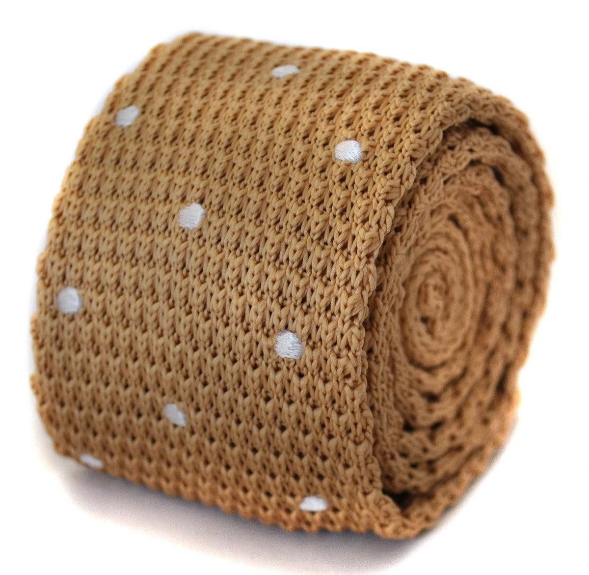 beige skinny knitted tie with white polka dots by Frederick Thomas Handmade Mens Ties