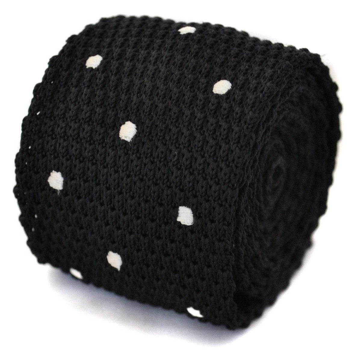 black skinny knitted tie with white polka dots by Frederick Thomas Handmade Mens Ties