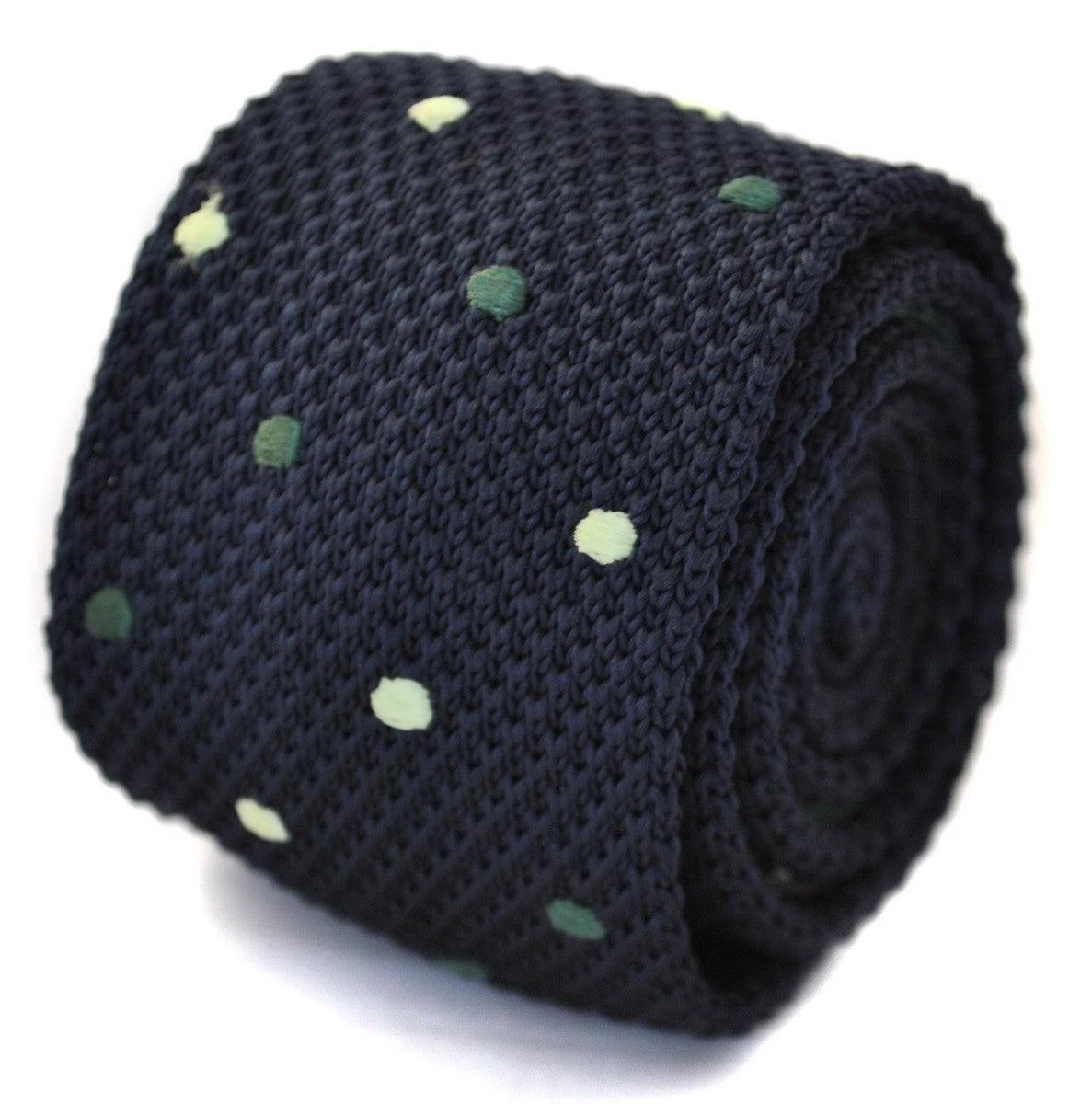 navy blue skinny knitted tie with green polka dots by Frederick Thomas Handmade Mens Ties