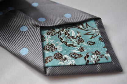 grey tie with light blue polka spot by Frederick Thomas Handmade Mens Ties