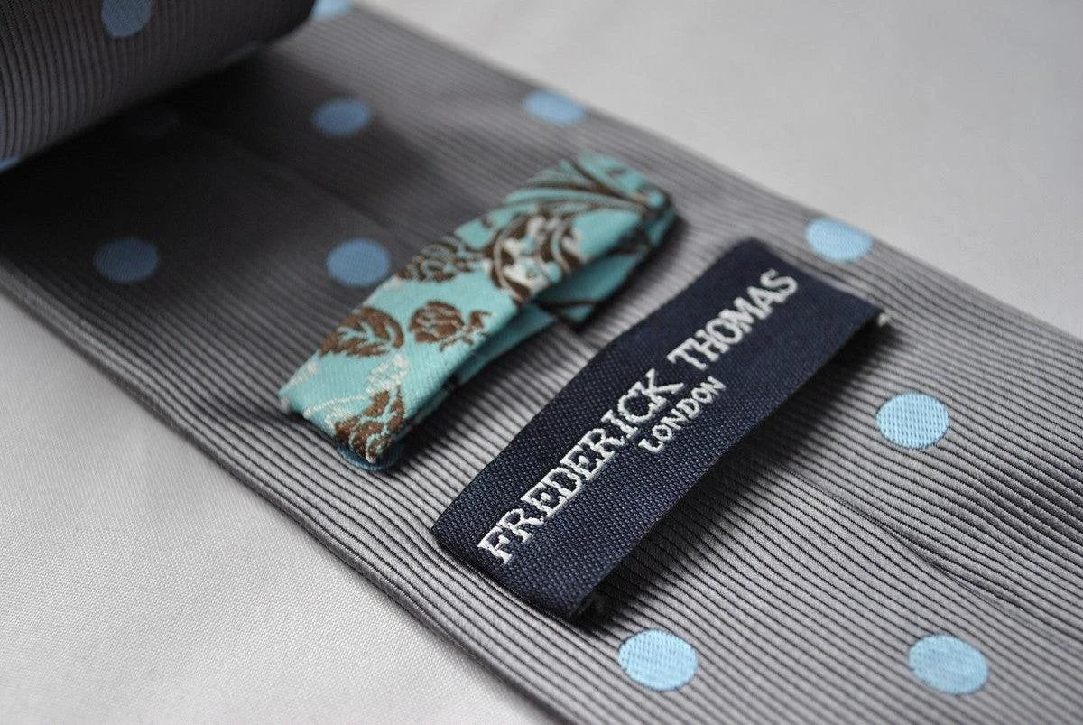 grey tie with light blue polka spot by Frederick Thomas Handmade Mens Ties