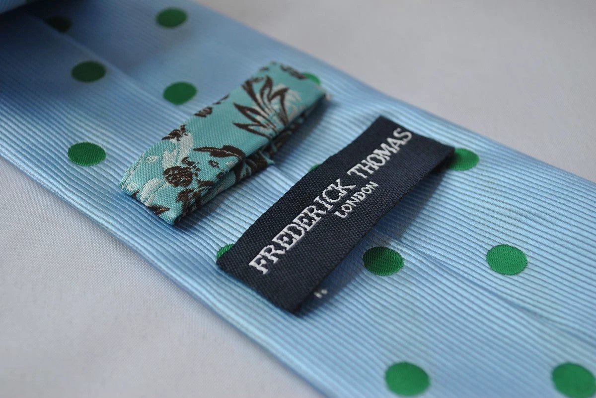 light blue tie with green polka dots by Frederick Thomas Handmade Mens Ties