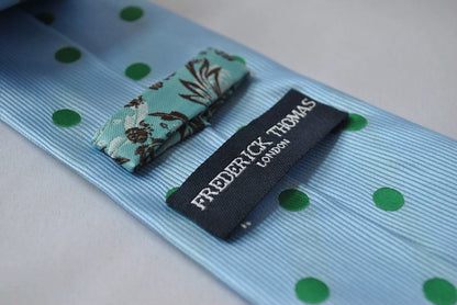 light blue tie with green polka dots by Frederick Thomas Handmade Mens Ties