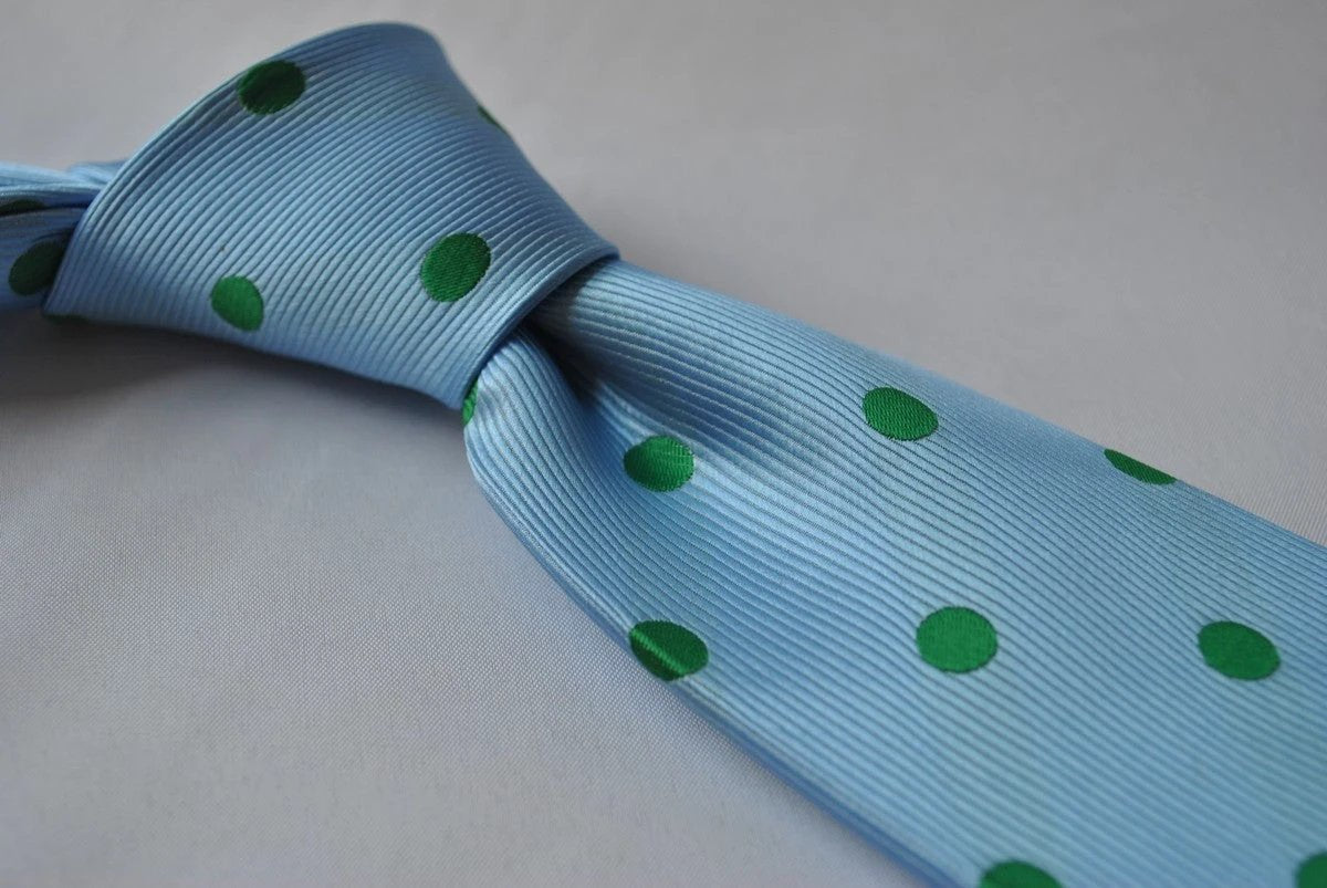 light blue tie with green polka dots by Frederick Thomas Handmade Mens Ties