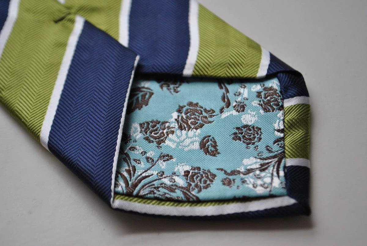 green, white and navy barber striped tie by Frederick Thomas Handmade Mens Ties