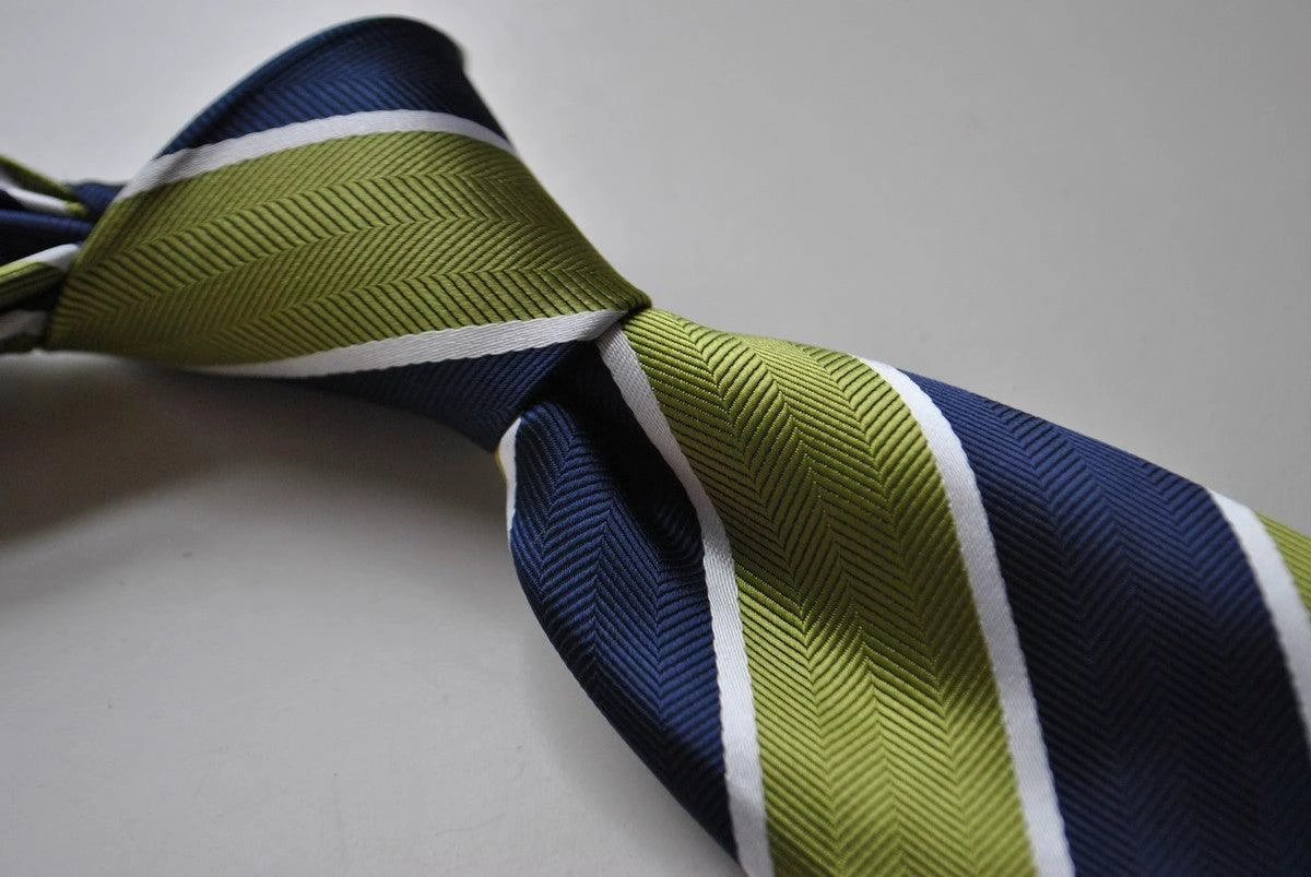 green, white and navy barber striped tie by Frederick Thomas Handmade Mens Ties