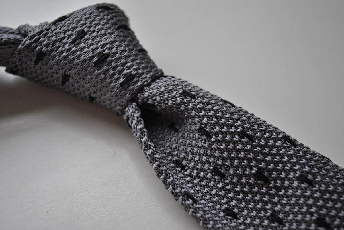 grey skinny knitted tie with black polka dots by Frederick Thomas Handmade Mens Ties