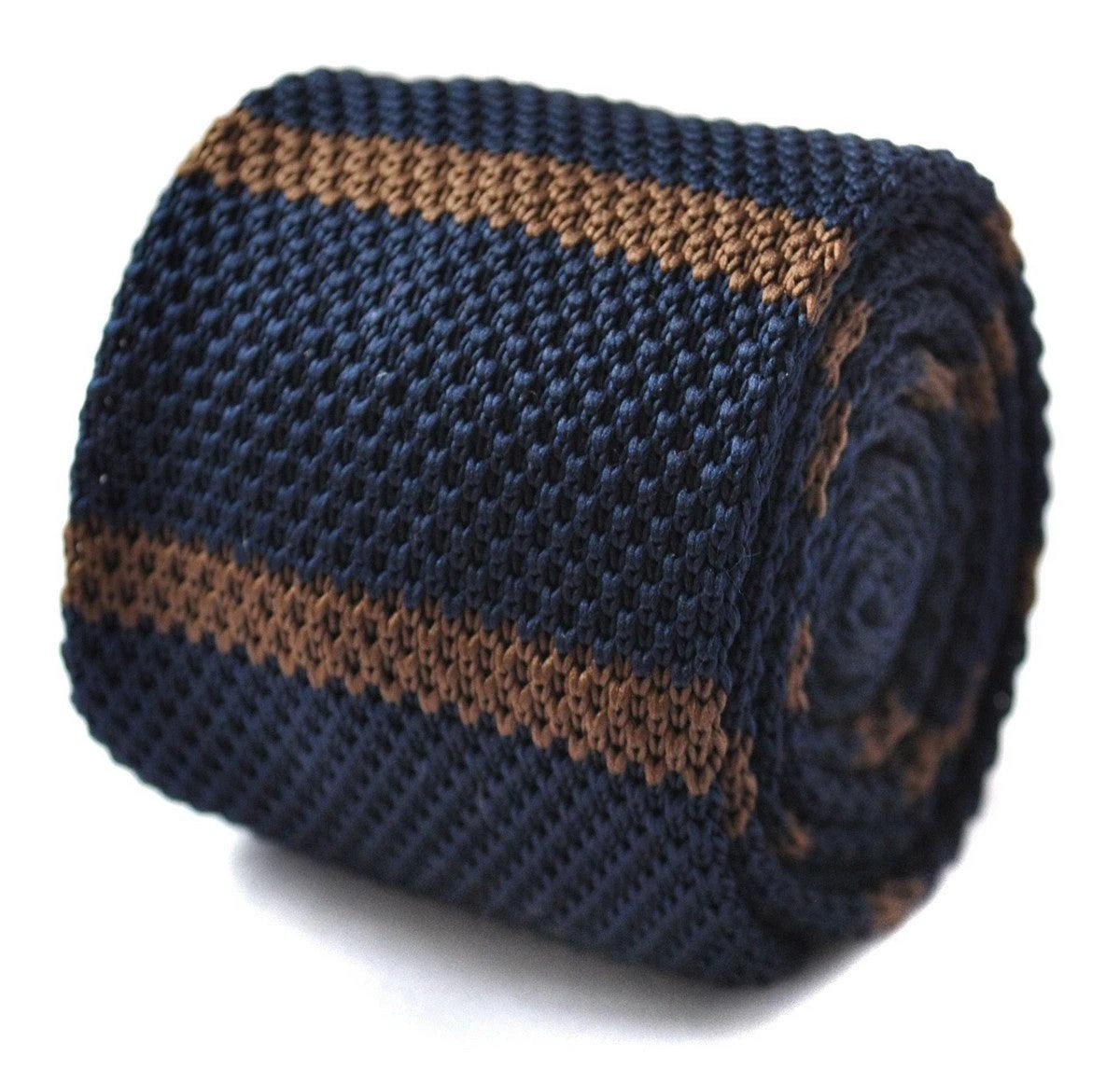 navy blue and brown striped skinny knitted tie by Frederick Thomas Handmade Mens Ties
