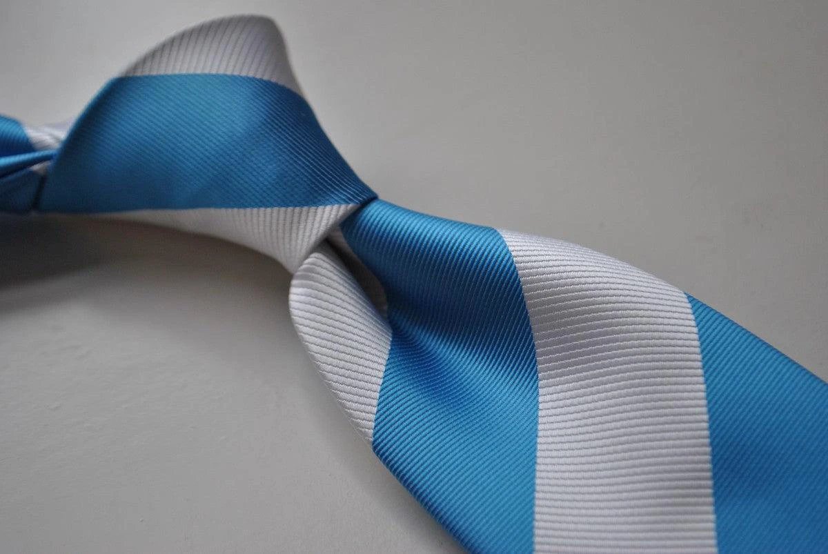 blue and white barber striped tie by Frederick Thomas Handmade Mens Ties