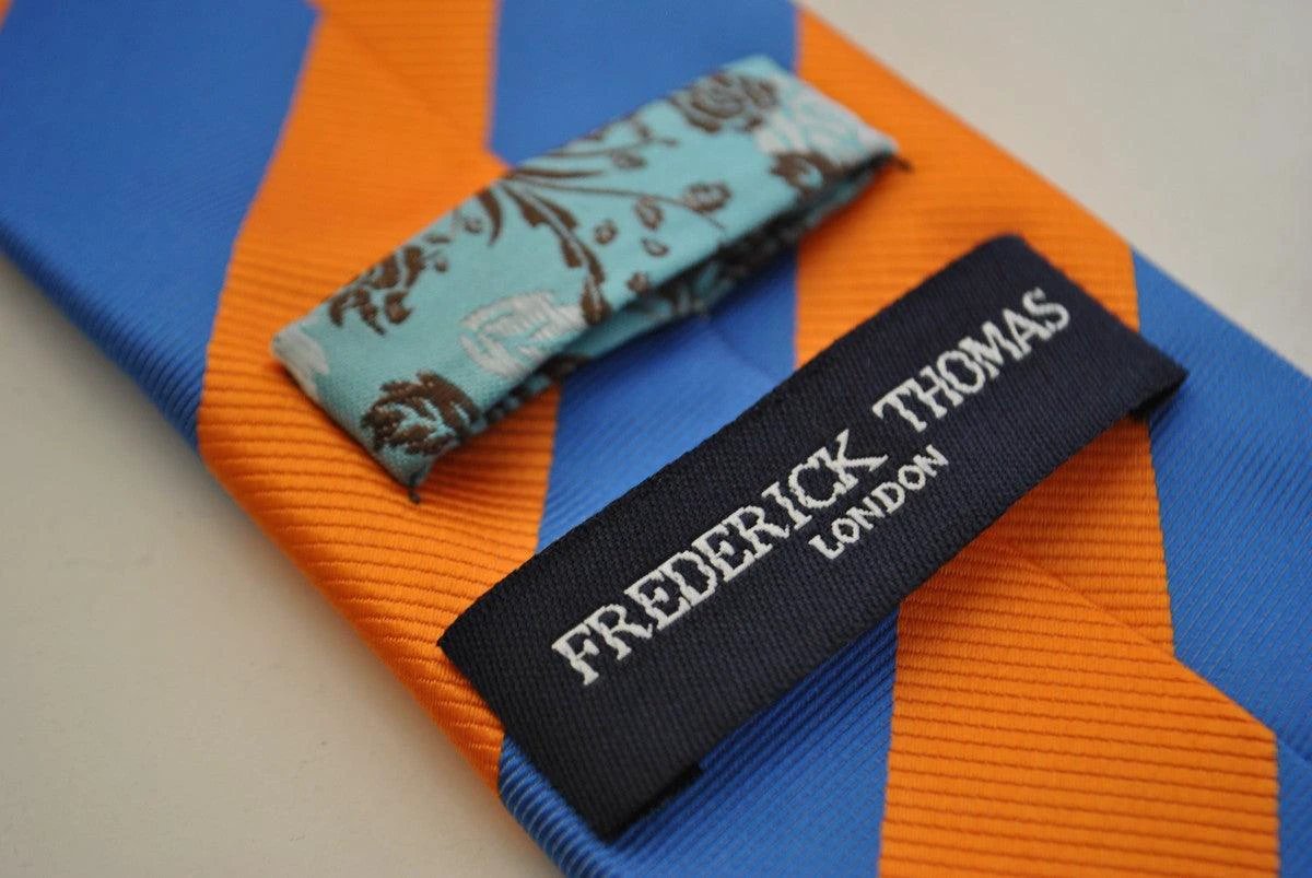 burnt orange and blue barber striped tie by Frederick Thomas Handmade Mens Ties
