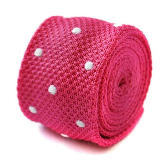 bright pink skinny knitted tie with white polka dots by Frederick Thomas Handmade Mens Ties
