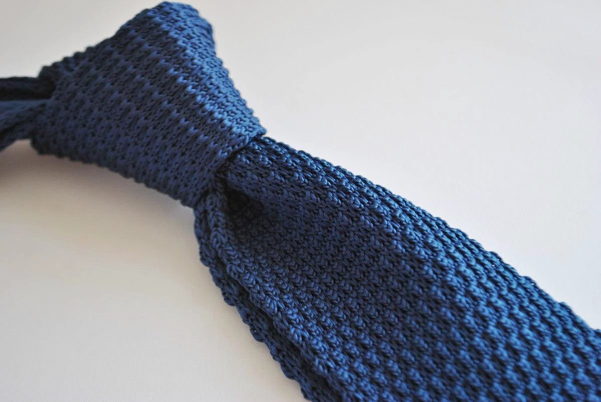 navy blue skinny knitted tie with cream tip by Frederick Thomas Handmade Mens Ties