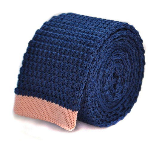 navy blue skinny knitted tie with powder pink tip by Frederick Thomas Handmade Mens Ties