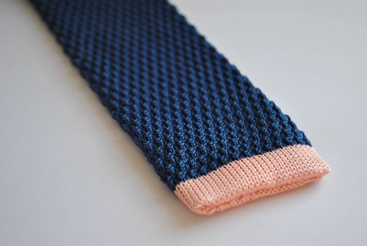 navy blue skinny knitted tie with powder pink tip by Frederick Thomas Handmade Mens Ties