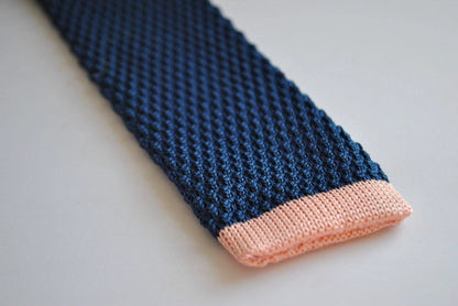 navy blue skinny knitted tie with powder pink tip by Frederick Thomas Handmade Mens Ties