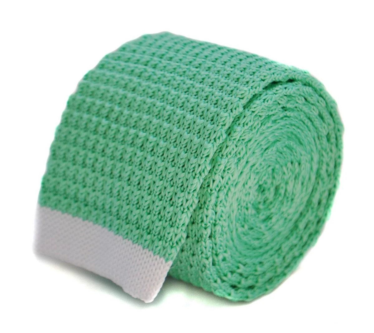 mint green skinny knitted tie with white tip by Frederick Thomas Handmade Mens Ties