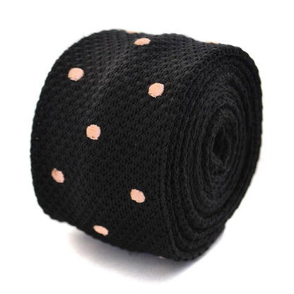 black skinny knitted tie with light blush pink polka dots by Frederick Thomas Handmade Mens Ties