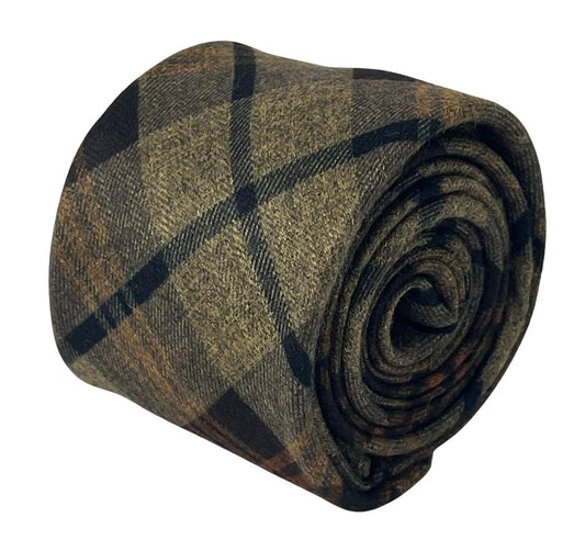 brown check tweed slim wool tie by Frederick Thomas Handmade Mens Ties