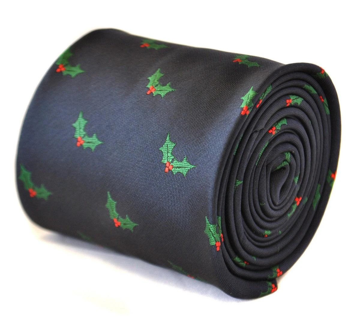 christmas range - navy christmas tie with holly design by Frederick Thomas Handmade Mens Ties