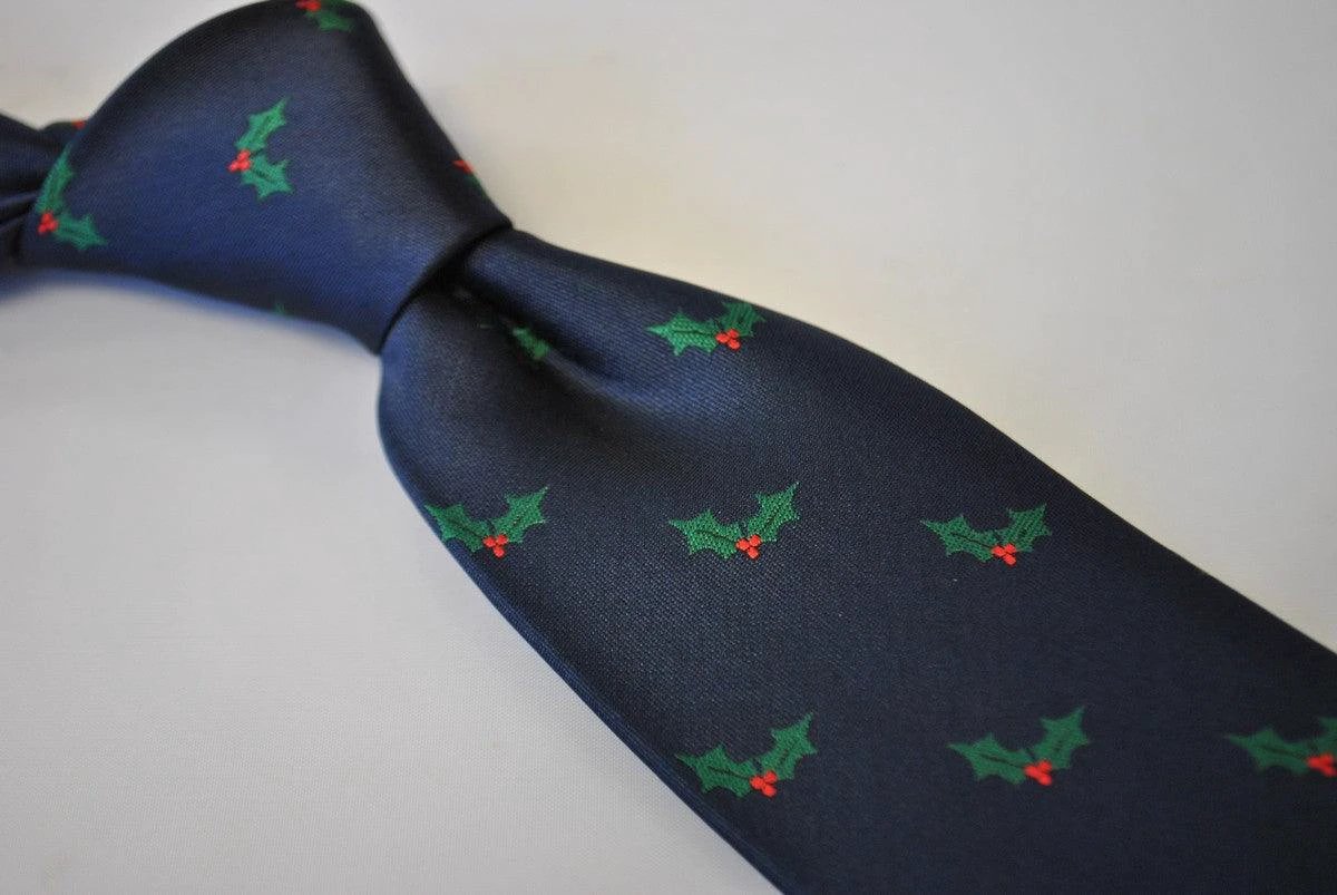 christmas range - navy christmas tie with holly design by Frederick Thomas Handmade Mens Ties