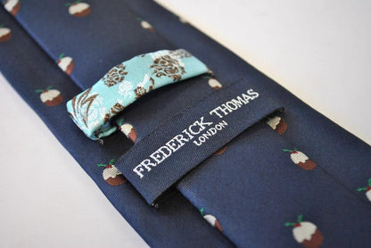christmas range - navy christmas tie with christmas pudding design by Frederick Thomas Handmade Mens Ties