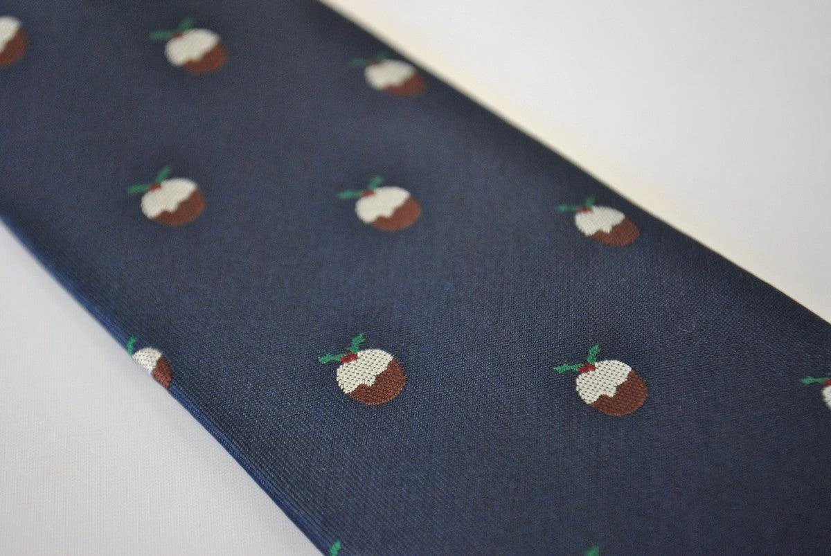 christmas range - navy christmas tie with christmas pudding design by Frederick Thomas Handmade Mens Ties