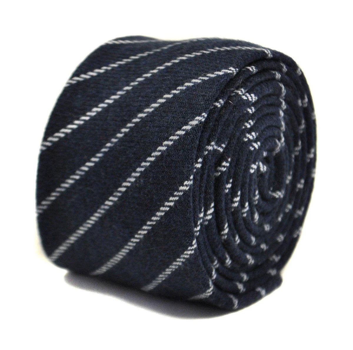 navy blue and white striped tweed wool skinny tie by Frederick Thomas Handmade Mens Ties