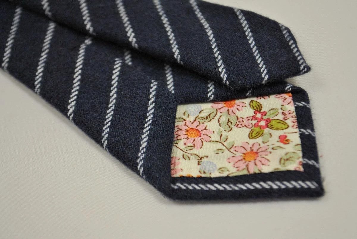 navy blue and white striped tweed wool skinny tie by Frederick Thomas Handmade Mens Ties