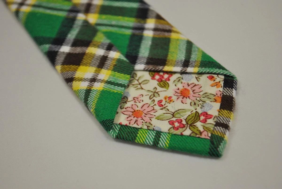 green, yellow and white check tweed wool tie