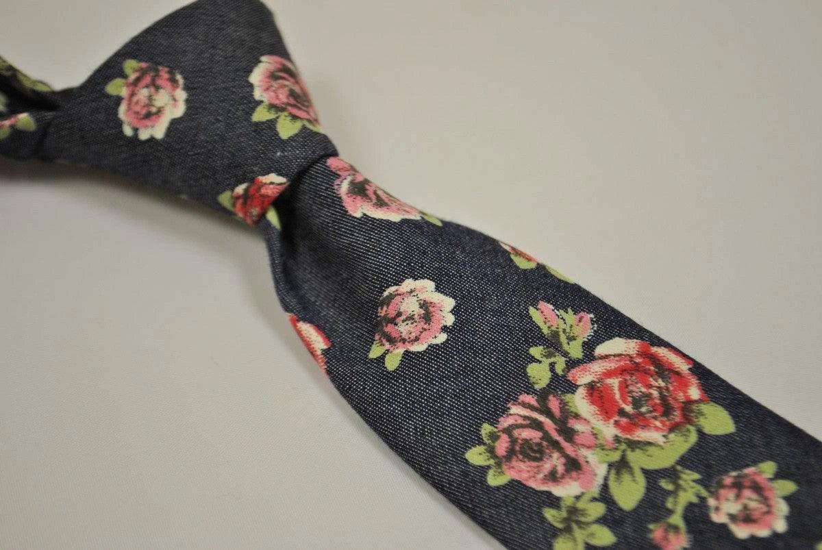 navy blue and rose floral design 100% cotton tie by Frederick Thomas Handmade Mens Ties