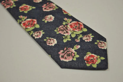 navy blue and rose floral design 100% cotton tie by Frederick Thomas Handmade Mens Ties