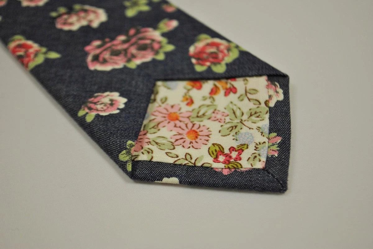 navy blue and rose floral design 100% cotton tie by Frederick Thomas Handmade Mens Ties