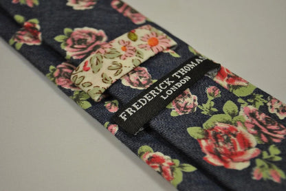 navy blue and rose floral design 100% cotton tie by Frederick Thomas Handmade Mens Ties