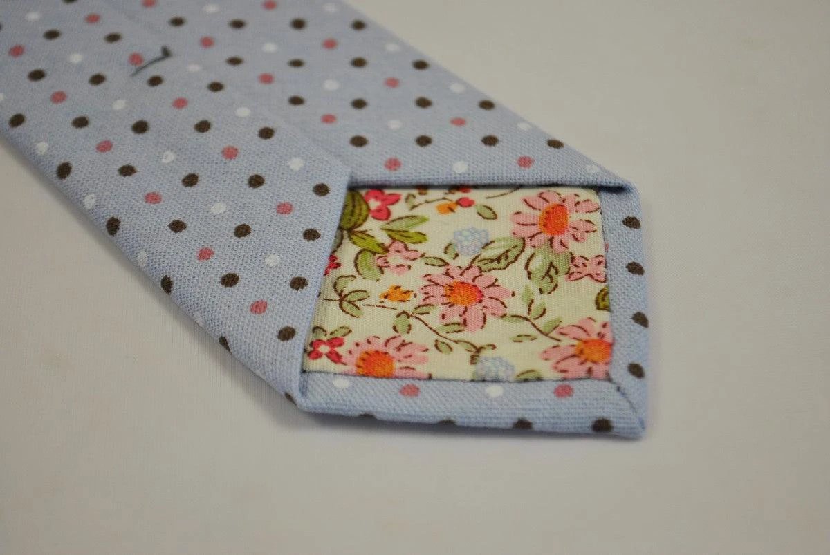 baby blue tie with brown, pink and white polka dots by Frederick Thomas Handmade Mens Ties