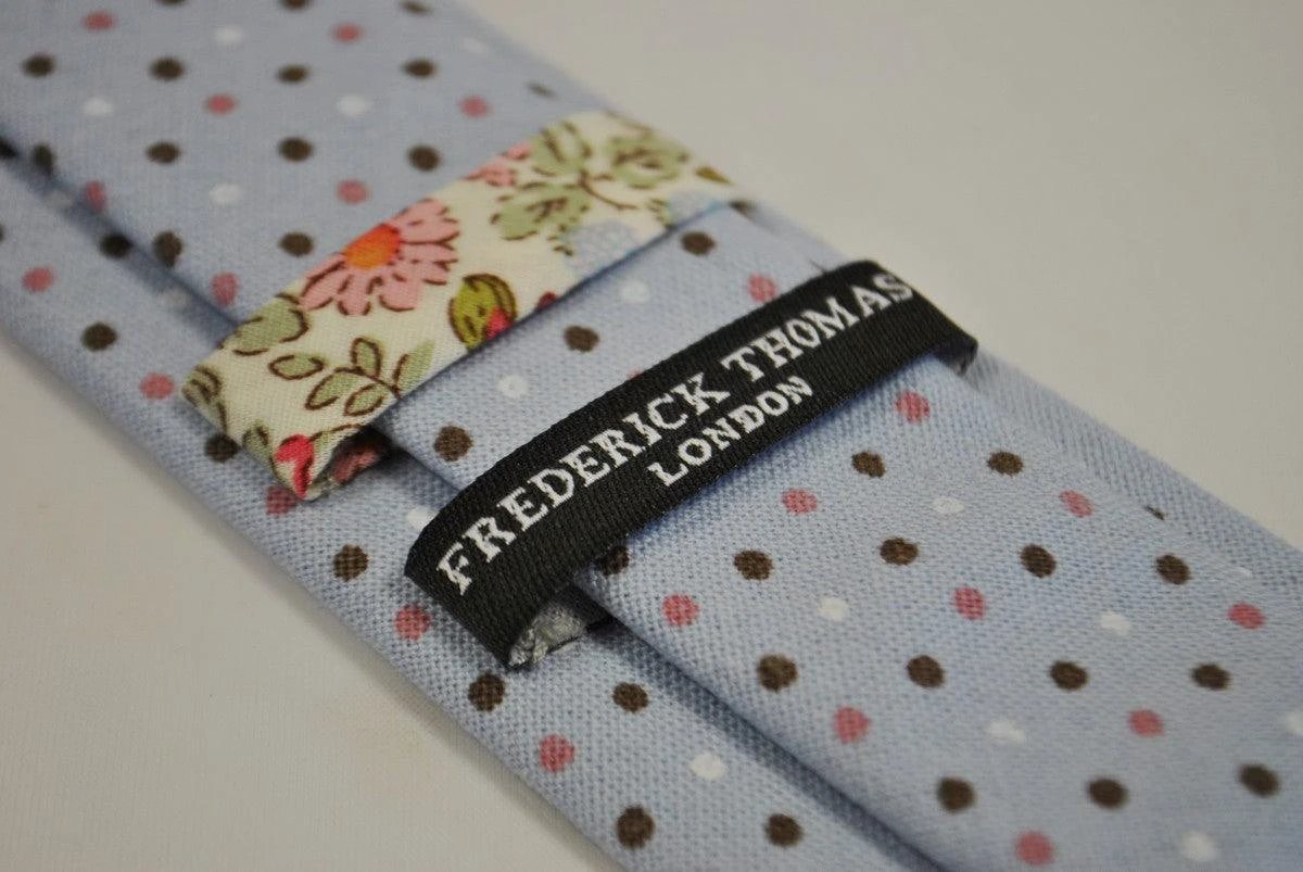 baby blue tie with brown, pink and white polka dots by Frederick Thomas Handmade Mens Ties