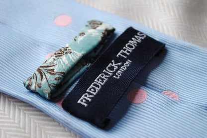blue tie with pink polka dots by Frederick Thomas Handmade Mens Ties