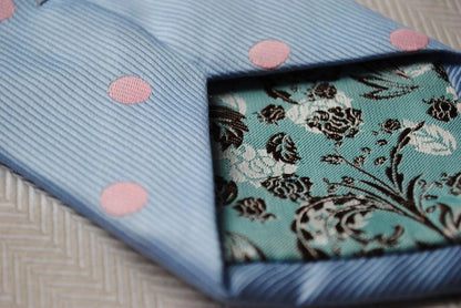 blue tie with pink polka dots by Frederick Thomas Handmade Mens Ties