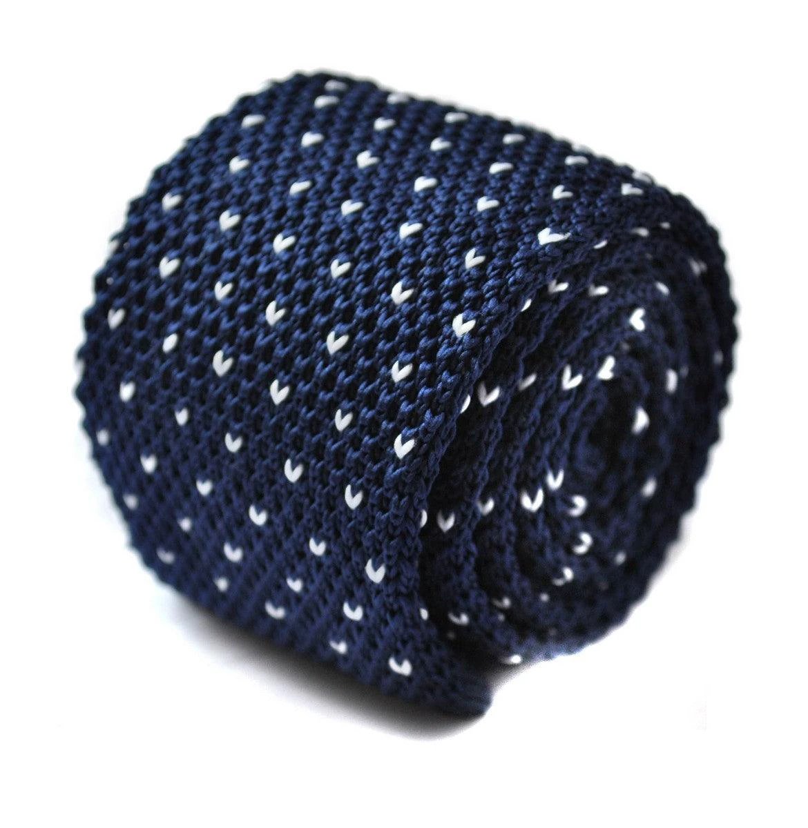 Navy Blue Skinny Knitted Tie With White Heart Polka Dots by Frederick Thomas Handmade Mens Ties