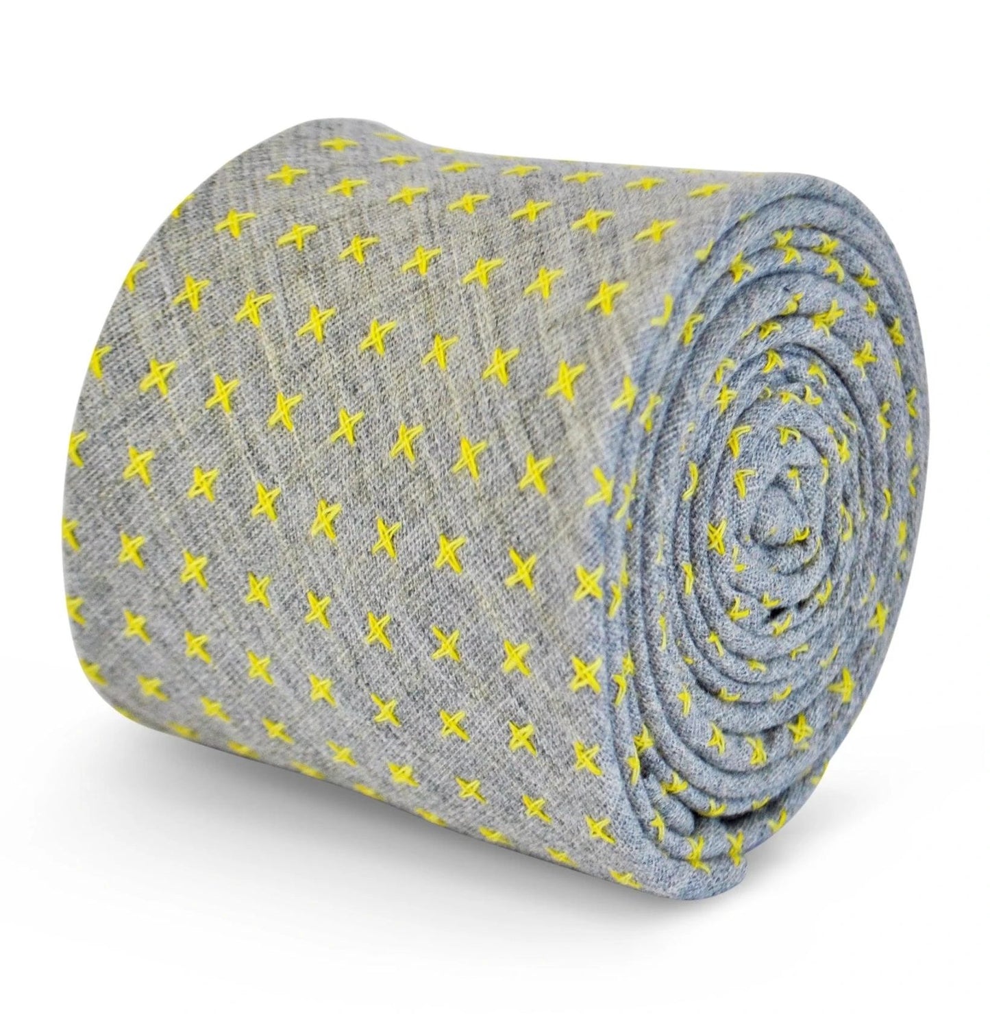 grey tie with yellow cross pattern in 100% cotton linen by Frederick Thomas Handmade Mens Ties