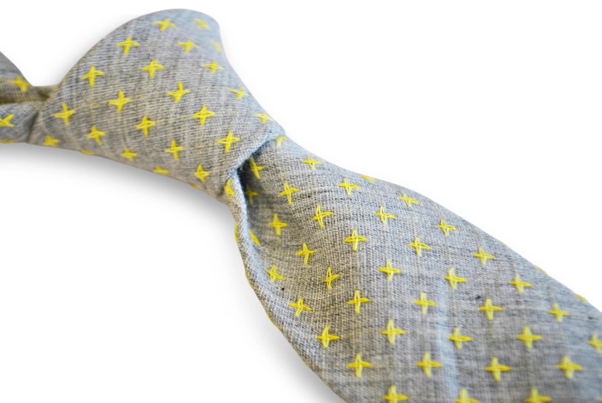 grey tie with yellow cross pattern in 100% cotton linen by Frederick Thomas Handmade Mens Ties