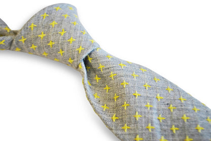 grey tie with yellow cross pattern in 100% cotton linen by Frederick Thomas Handmade Mens Ties