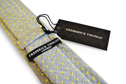 grey tie with yellow cross pattern in 100% cotton linen by Frederick Thomas Handmade Mens Ties