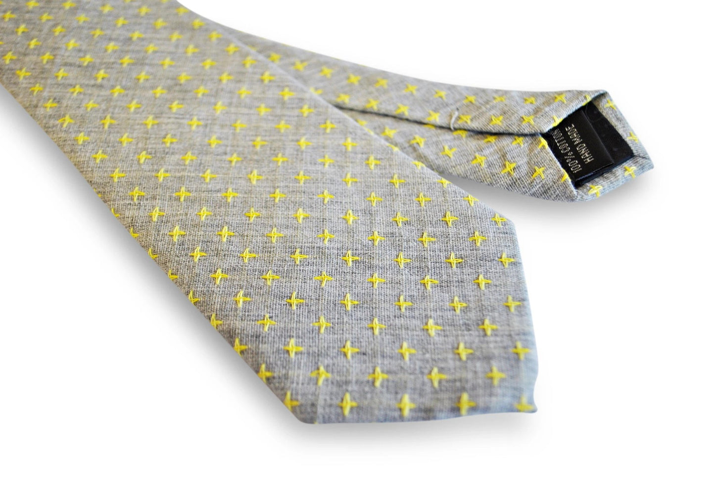 grey tie with yellow cross pattern in 100% cotton linen by Frederick Thomas Handmade Mens Ties