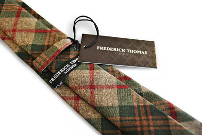 green, beige, orange and red check tie by Frederick Thomas Handmade Mens Ties