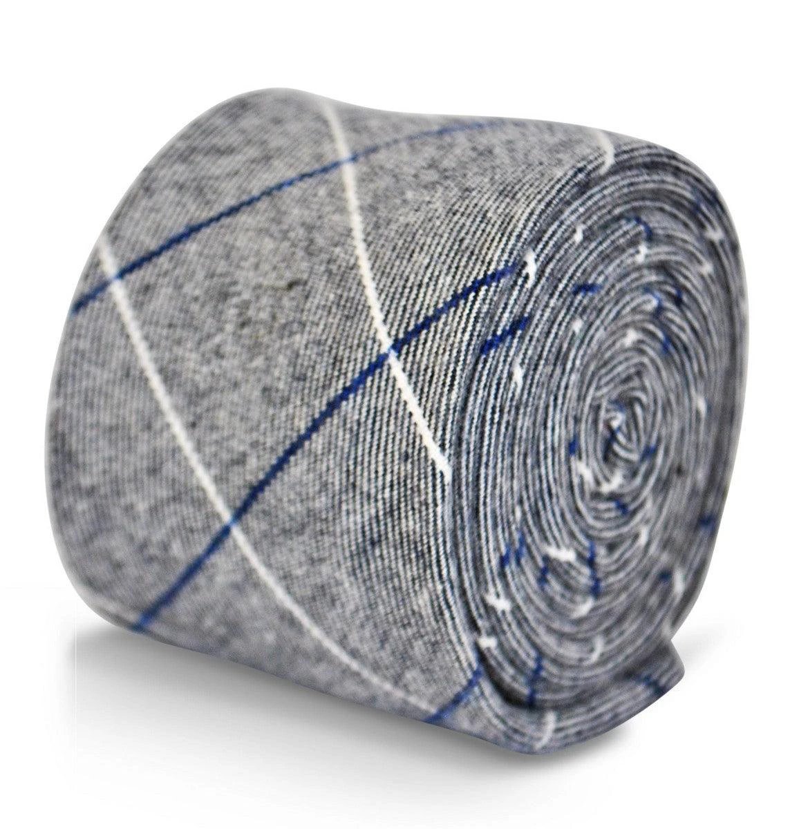 light grey tie with blue and white windowpane design by Frederick Thomas Handmade Mens Ties