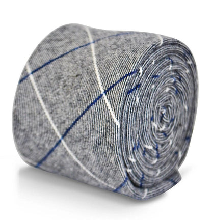 light grey tie with blue and white windowpane design by Frederick Thomas Handmade Mens Ties