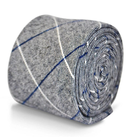 light grey tie with blue and white windowpane design by Frederick Thomas Handmade Mens Ties