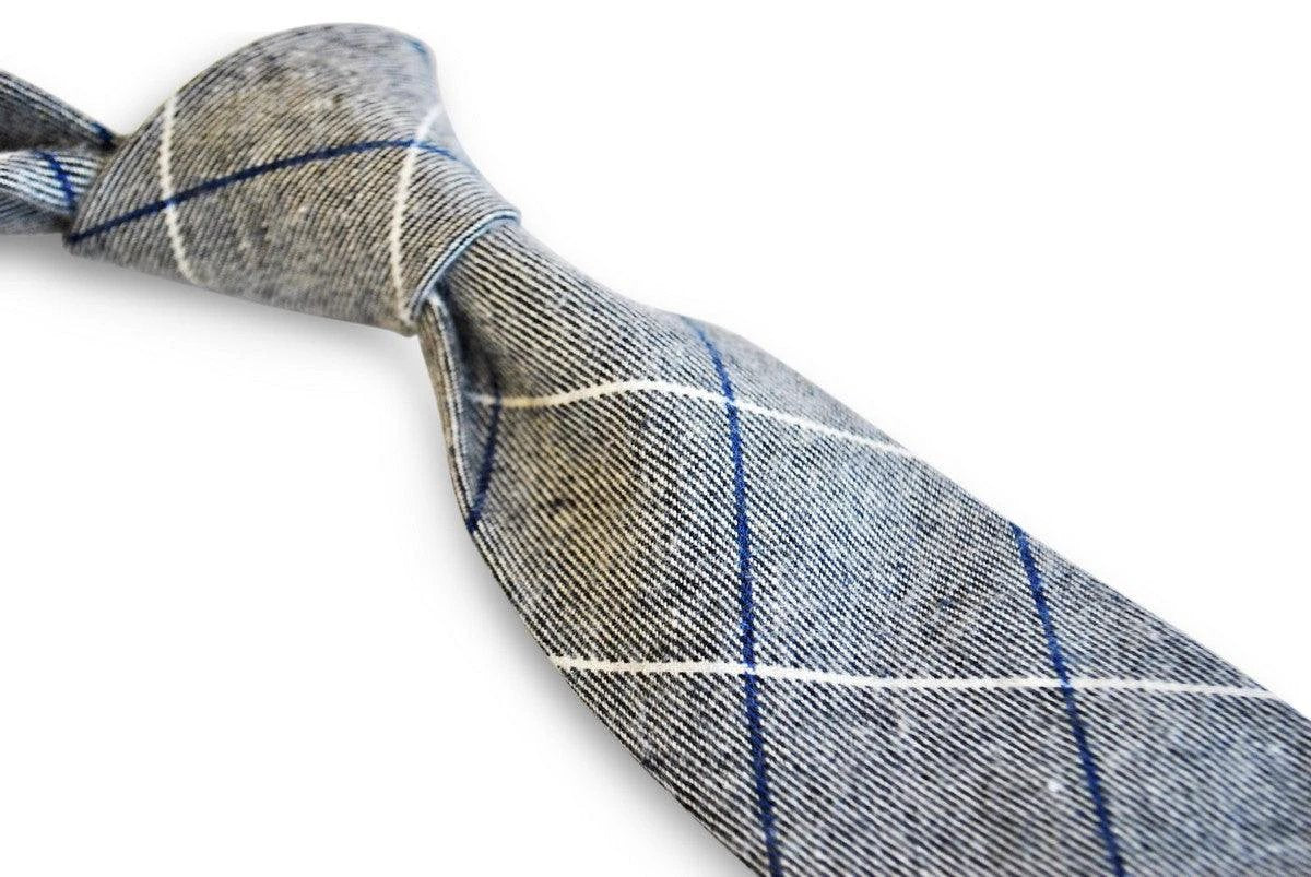 light grey tie with blue and white windowpane design by Frederick Thomas Handmade Mens Ties