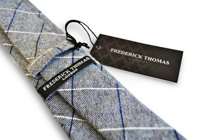 light grey tie with blue and white windowpane design by Frederick Thomas Handmade Mens Ties