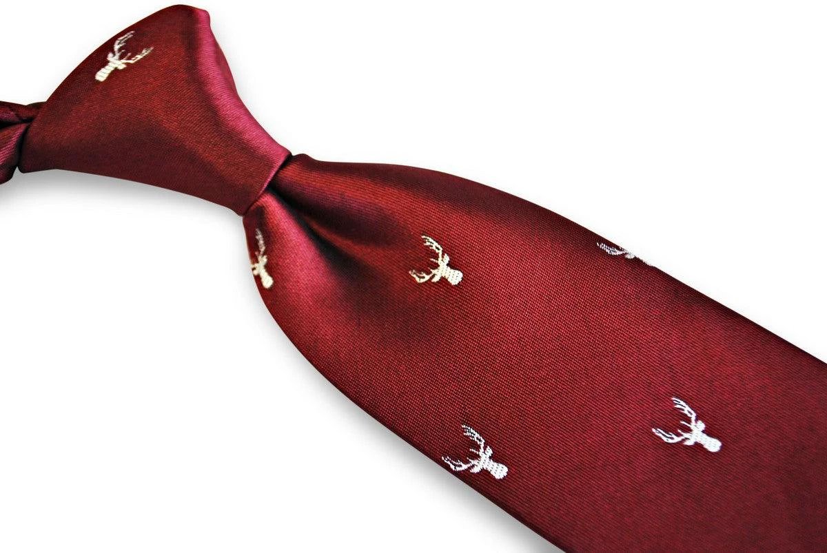 burgundy tie with white stag deer head silhouette design by Frederick Thomas Handmade Mens Ties